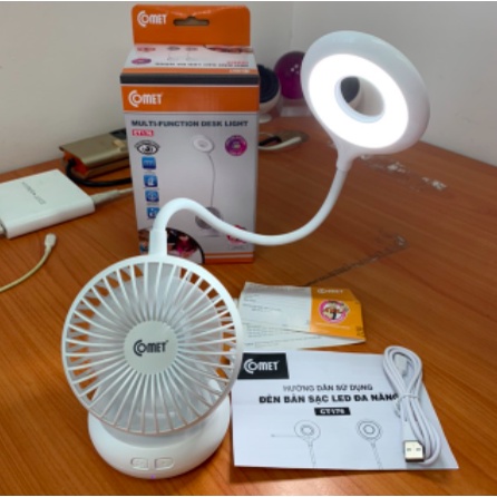 Đèn bàn sạc led COMET CT176 4W kiêm Quạt sạc 4W, tổng công suất 8W