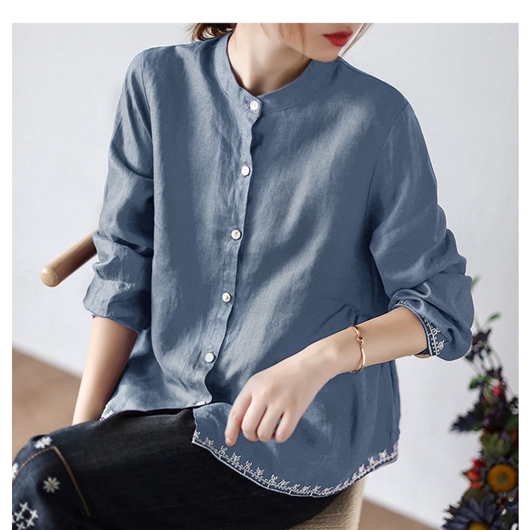 Áo Sơ Mi Nữ Tay Dài Cổ Tròn Màu Trơn Phong Cách Hàn Quốc Thời Trang Mùa Thu