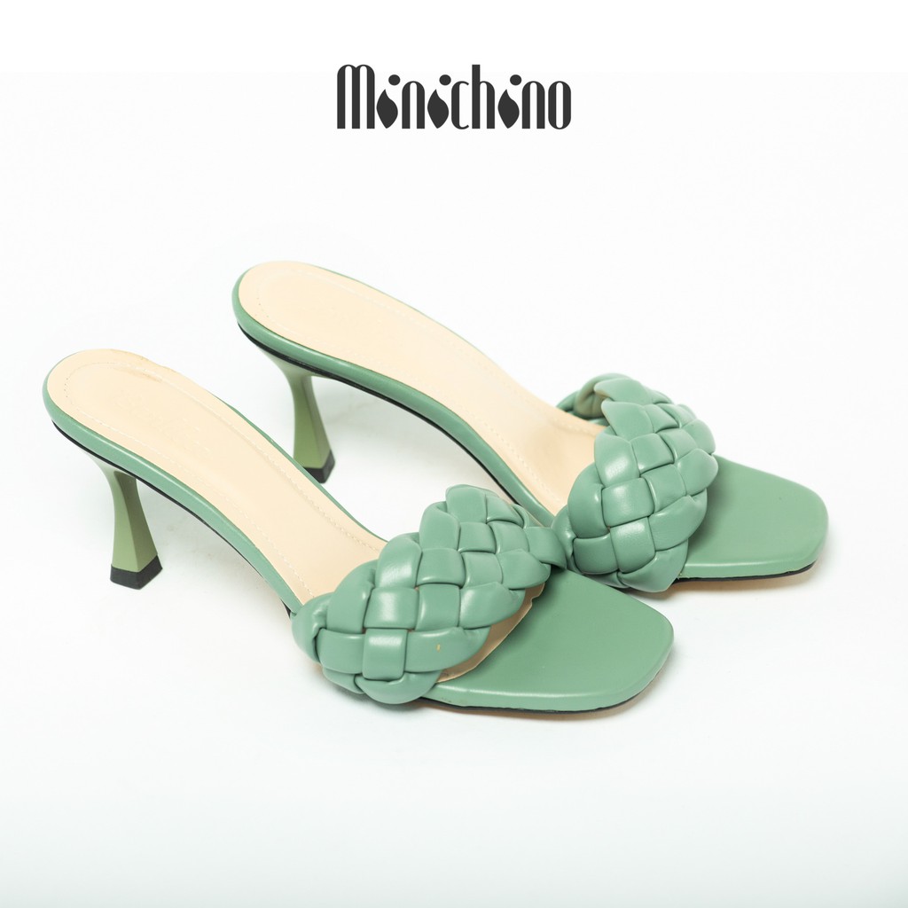 Dép cao gót nữ đế xuồng cao 7cm MINICHINO gót nhọn mũi tròn da mờ coi bính màu xanh TC014