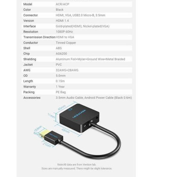 Bộ Chuyển Đổi Pik Vention Conveter Hdmi Sang Vga Với Âm Thanh & Micro-Usb