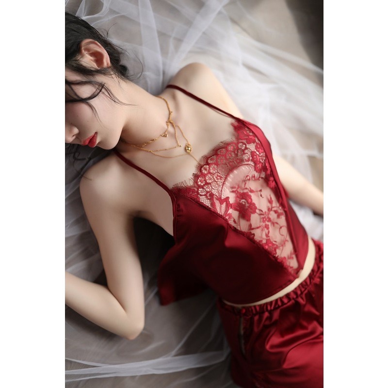 Bộ Ngủ ,Bộ Mặc Nhà 2 Dây Ren Thêu Trước Ngực Xinh Xắn quyến Rũ 5131