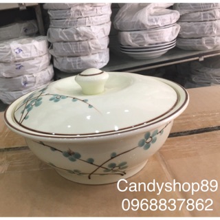 Âu đựng cơm men kem hoa đào xanh - Bộ đồ ăn cao cấp Bát Tràng