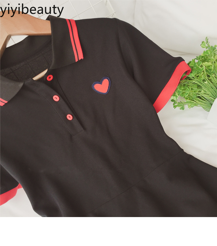 yiyibeauty Summer new Korean love embroidery women's polo collar a-line short sleeve black T-shirt dress