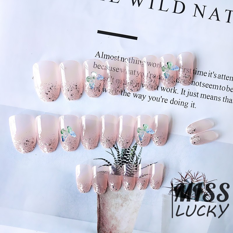 (Hàng Mới Về) Set 24 Móng Tay Giả Dáng Dài Phối Họa Tiết Bướm Xinh Xắn