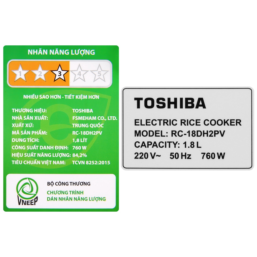 Nồi cơm điện tử Toshiba RC-18DH2PV(W) 1.8 lít 760W lòng nồi chống dính - Chính hãng BH 12 tháng