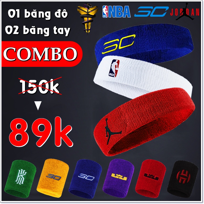 Set 02 Băng Cổ Tay Thể Thao + 01 Băng Đô Bóng Rổ Nam Nữ Logo NBA Kobe Jordan Curry King James Kyrie Durant Giannis Rose