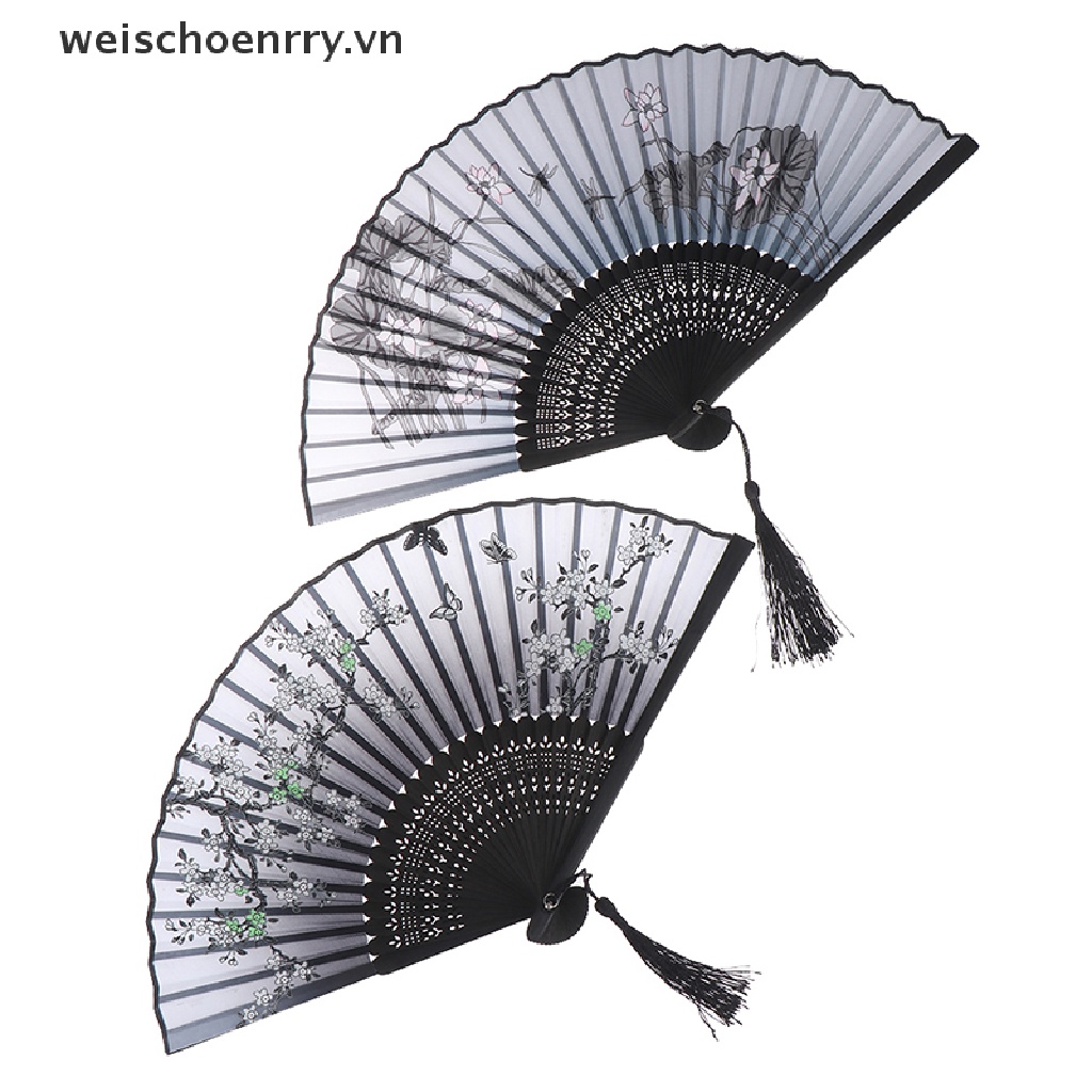Quạt Xếp Cầm Tay Bằng Tre Và Lụa Họa Tiết Hoa Đào Nhật Bản Ww