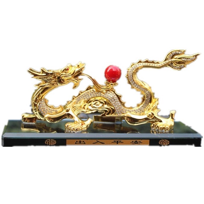 Tượng Rồng Mạ Vàng 24K Nhả Ngọc Trang Trí Phong Thủy Ô Tô