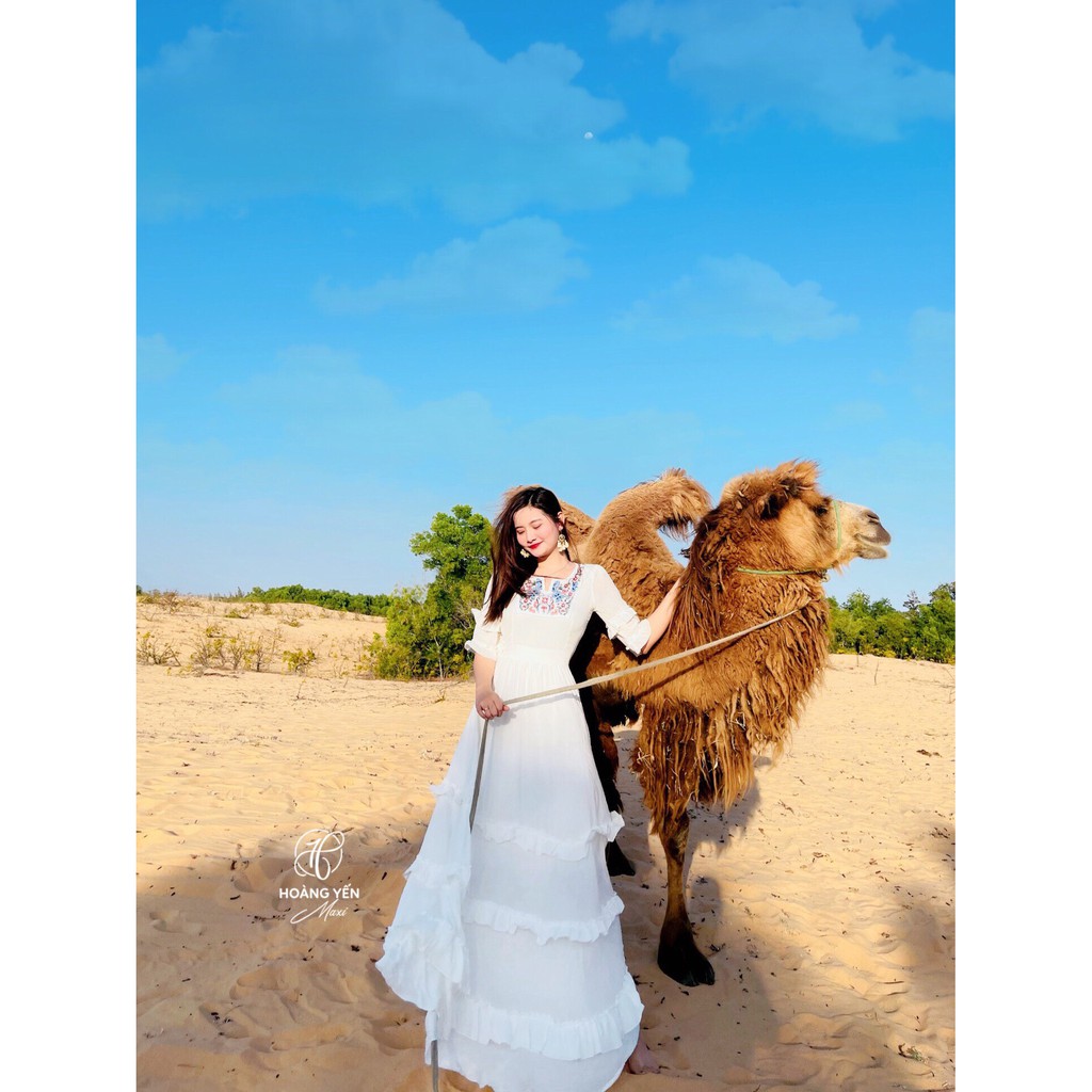Đầm maxi đũi trắng thổ cẩm phối bèo 3 tầng tay lỡ boho du lịch, sống ảo siêu xinh | BigBuy360 - bigbuy360.vn