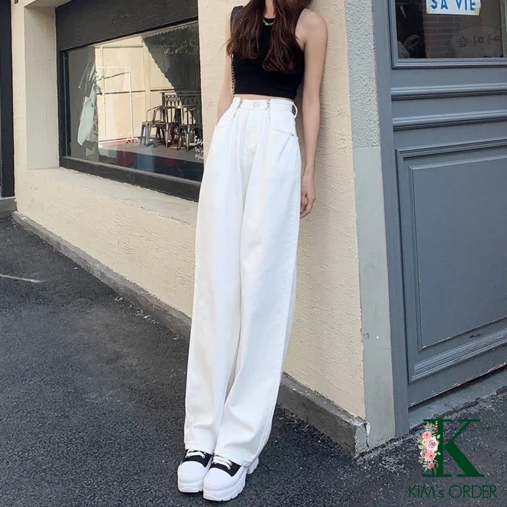 Quần Jean Nữ Ống Suông Cạp Gài Khuy Điều Chỉnh Eo Màu Trắng Đen Xanh Hồng Lưng Cao Phom Rộng Phong Cách Ulzzang Cá Tính