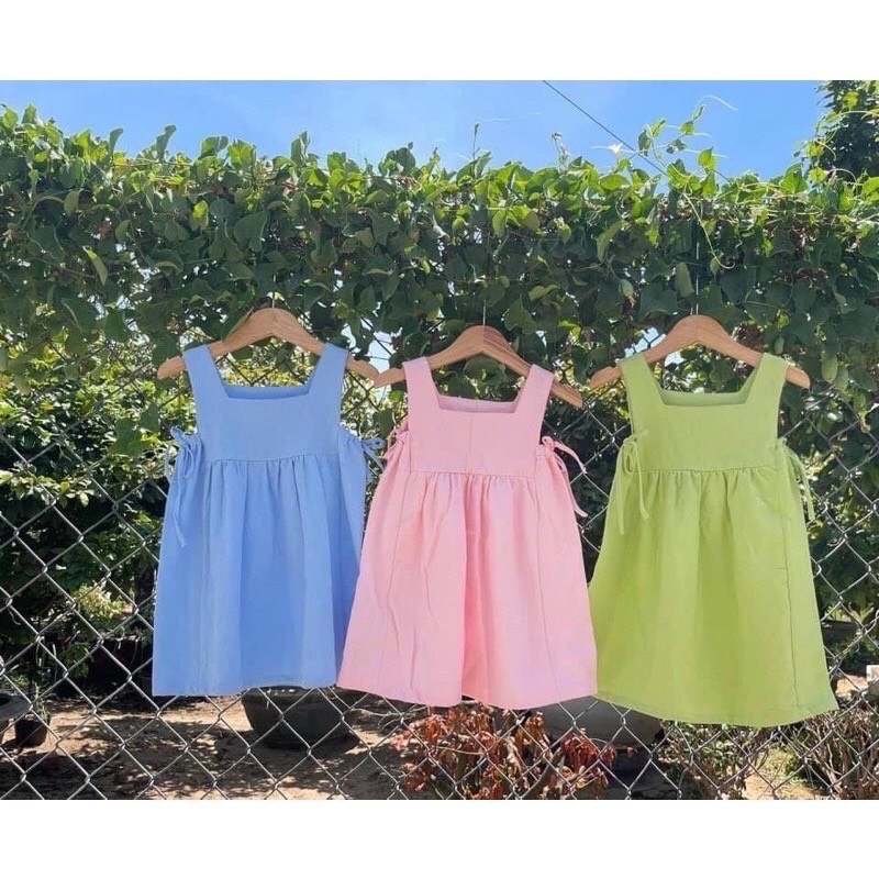Đầm Nơ Cho Bé - Chất Liệu Linen Cotton - Màu Xanh Dương, Xanh Bơ, Hồng - Size 7-38 kg (Nhận đặt may size theo yêu cầu)