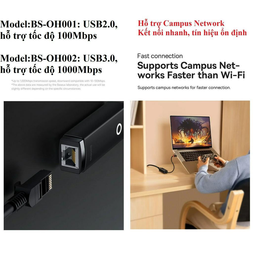 [ USB ra LAN ] Hub / đầu chuyển USB3.0 / USB2.0 ra LAN RJ45 Baseus Lite Series BS-OH002 / BS-OH001