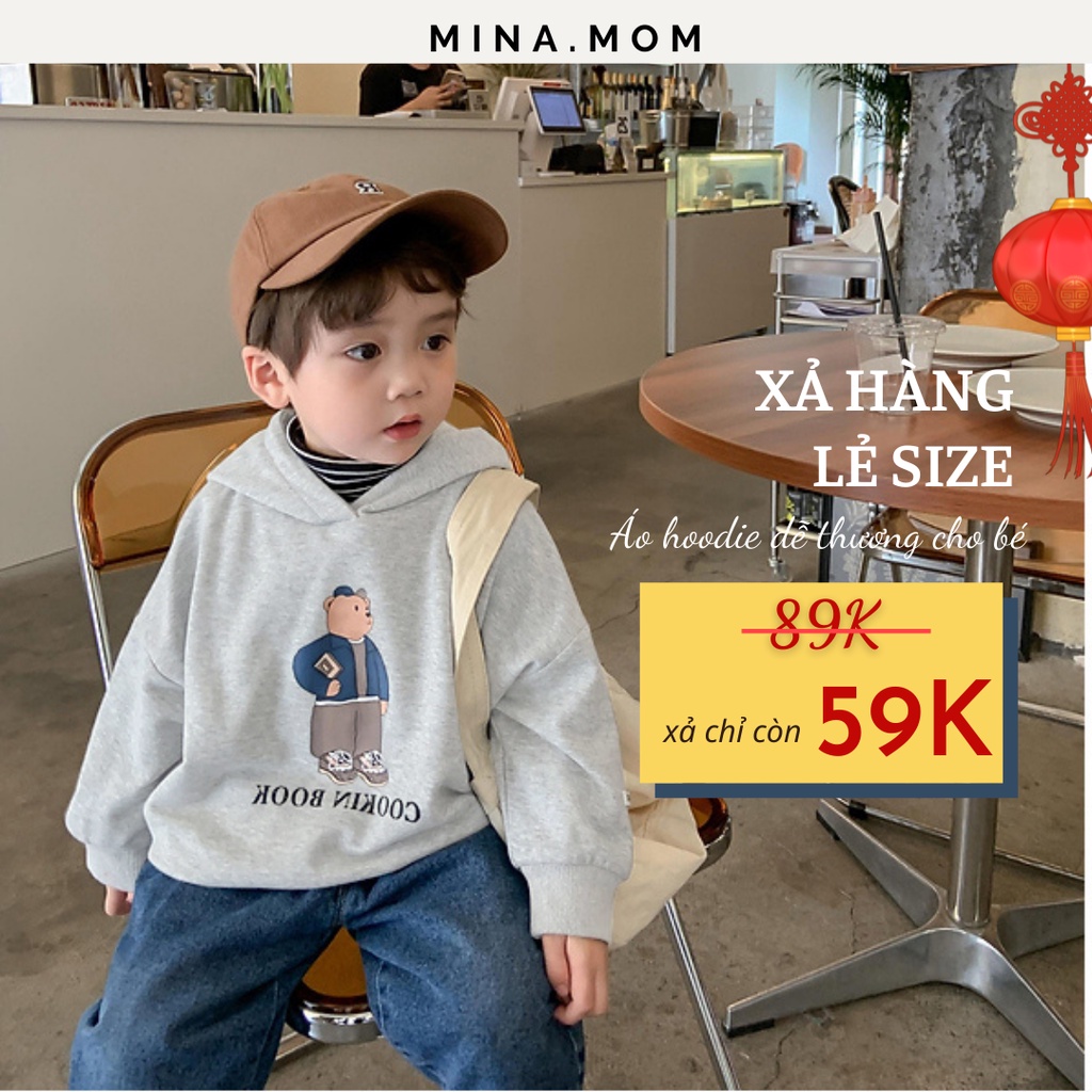 Áo nỉ thu đông, hoodie dài tay in gấu phong cách Hàn quốc cho bé trai, bé gái size 1,2,3,4,5,6 tuổi