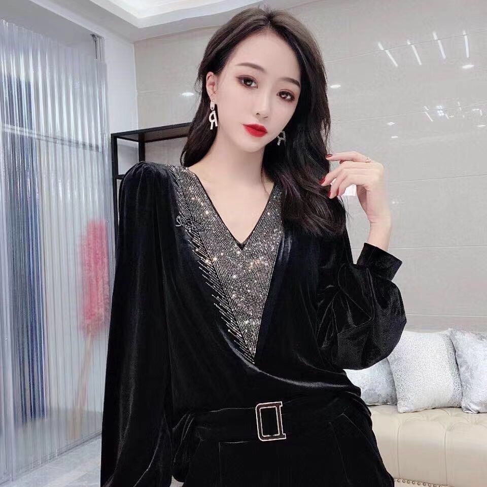 Áo sơ mi tay dài cổ chữ V bằng vải nhung thời trang thanh lịch cao cấp cho nữ