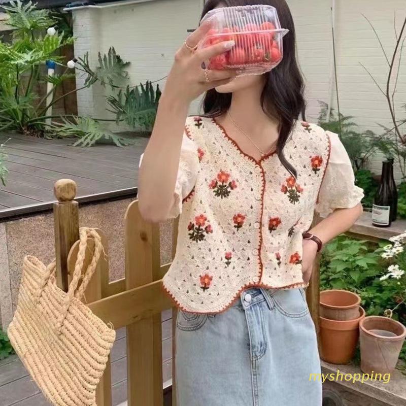 Áo Croptop Dệt Kim Tay Ngắn Phồng Thêu Họa Tiết Hoa Phong Cách Cổ Điển Thời Trang Cho Nữ