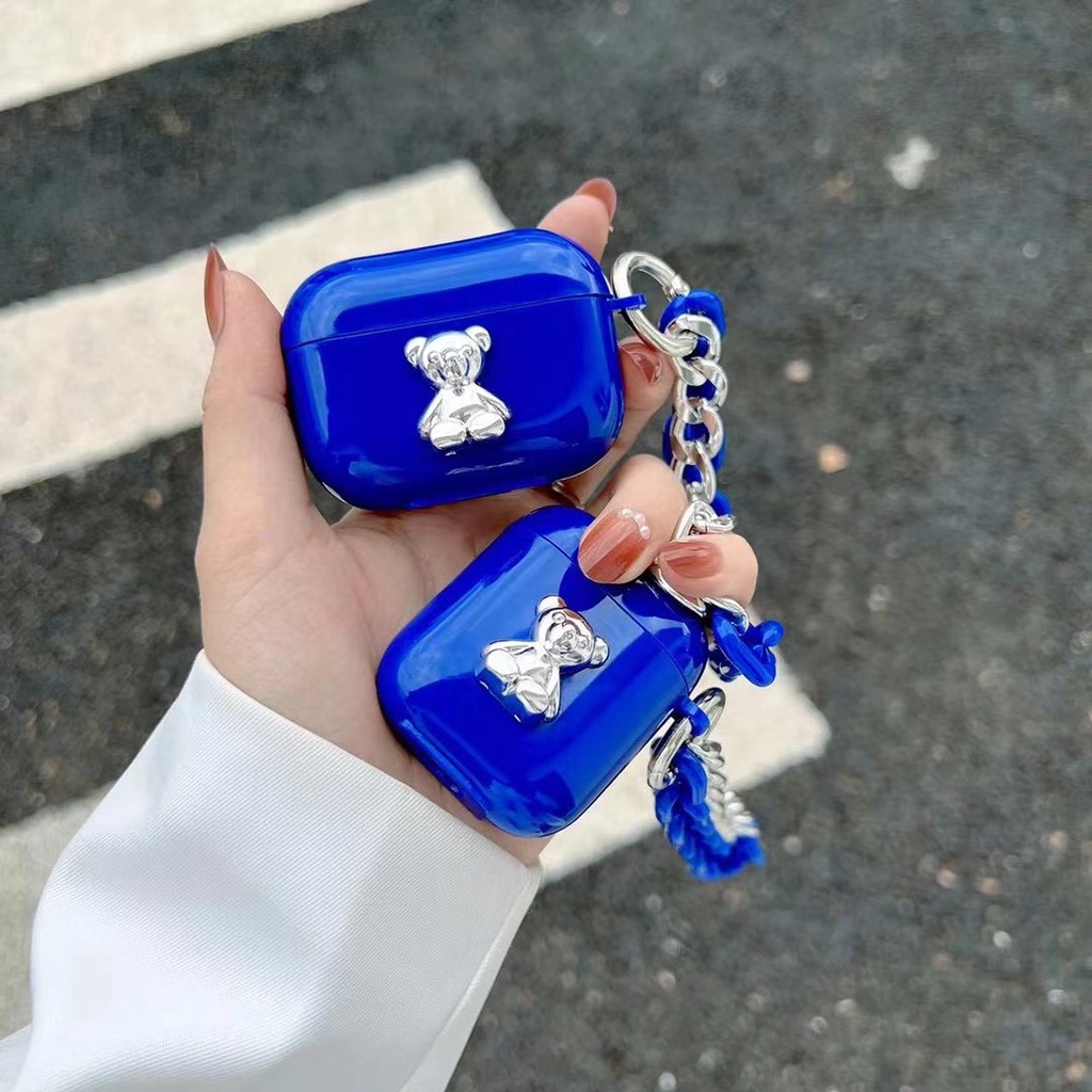 Vỏ tpu mềm bảo vệ hộp sạc tai nghe bluetooth đính sapphire hình gấu gắn chuỗi dây thích hợp cho airpods 1/2 pro