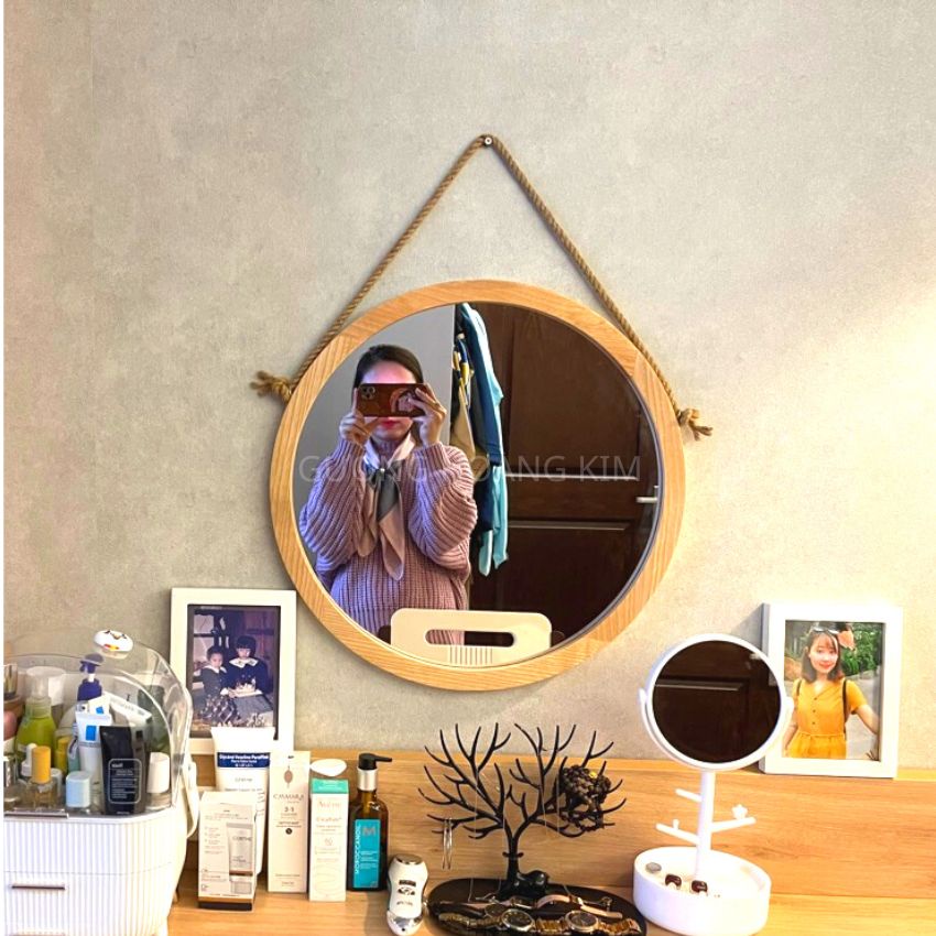 Gương tròn, Gương treo tường trang điểm decor trang trí viền gỗ đường kính 45cm tặng full phụ kiện kèm dây thừng GUONGHO