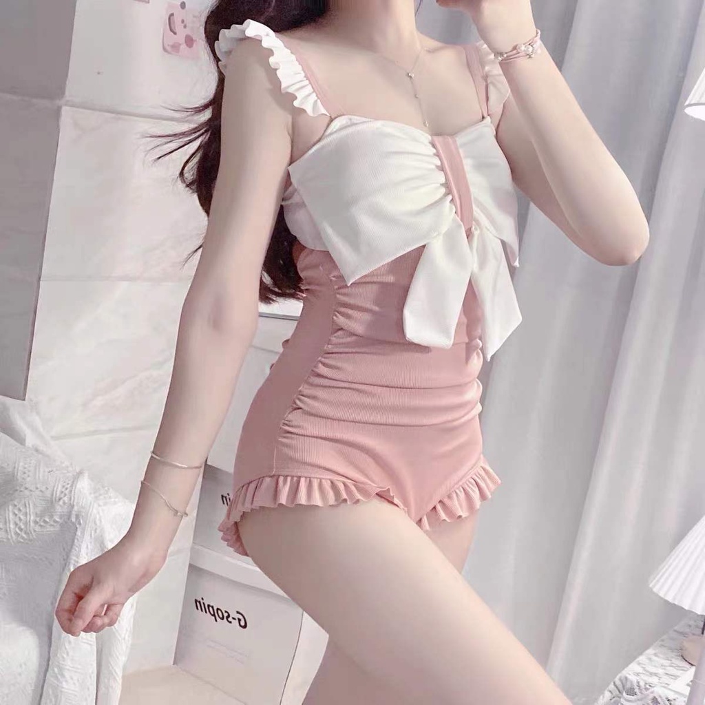 Bikini đi biển kín đáo sexy LUHAZO đồ tắm biển nữ hở lưng che bụng cạp cao 1 mảnh dễ thương DK9T201