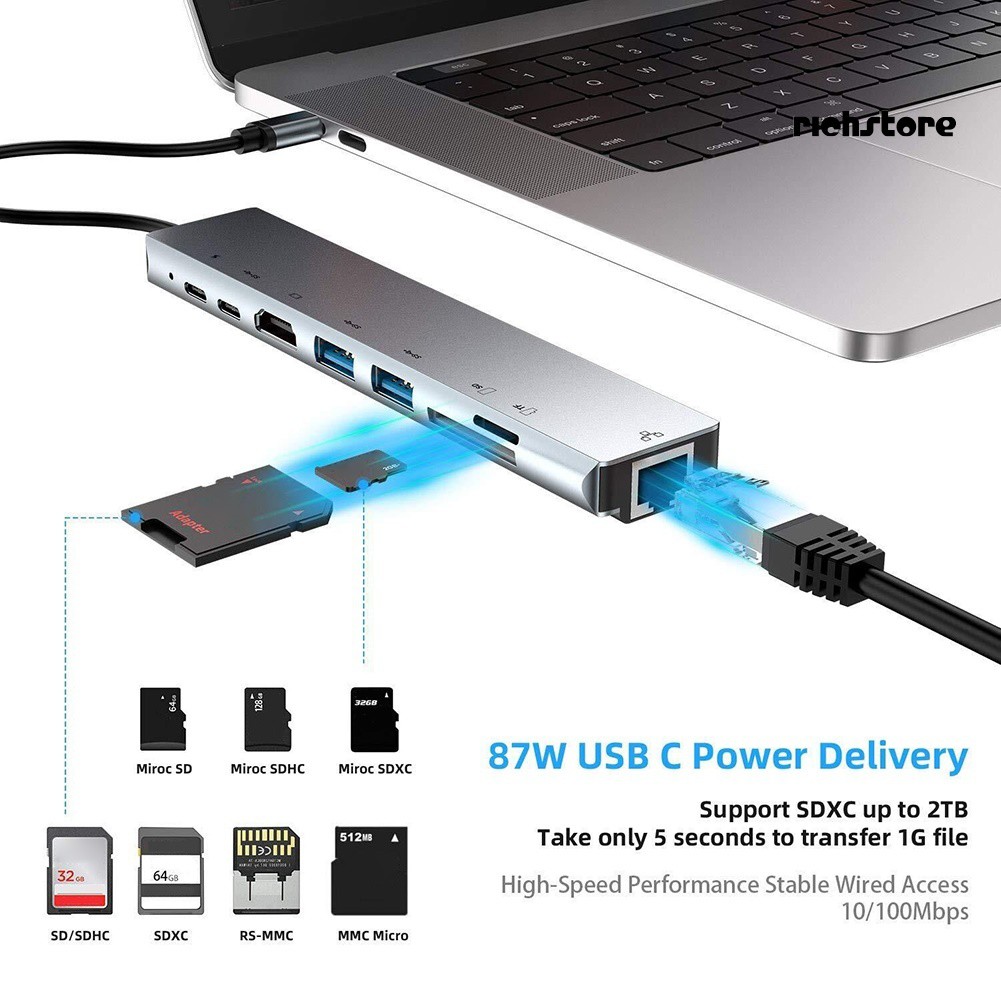 Bộ Chuyển Đổi Đa Chức Năng 8 Trong 1 Sang Hdmi Rj45 Usb 3.0 Tf Pd