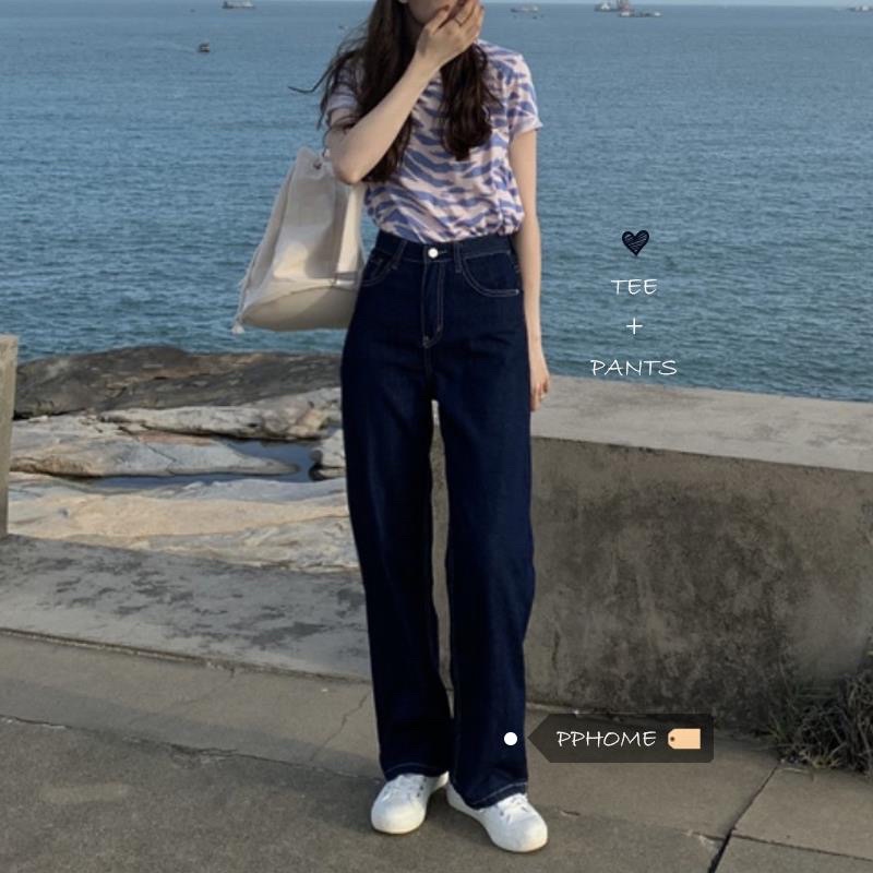Quần Jean Nữ Màu Xanh Than Đậm Ống Suông Phom Rộng Dài Lưng Cạp Cao Phong Cách Ulzzang Hàn Quốc Cá Tính Báic Năng Động
