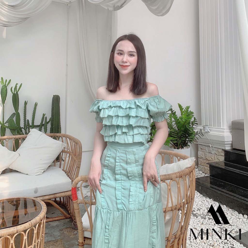 SET ÁO BÈO NHÚN TRỄ VAI + CHÂN VÁY DÀI - CHẤT LANH LỤA NHẬP KHẨU - MÀU XANH/ TRẮNG [SIÊU PHẨM] | BigBuy360 - bigbuy360.vn