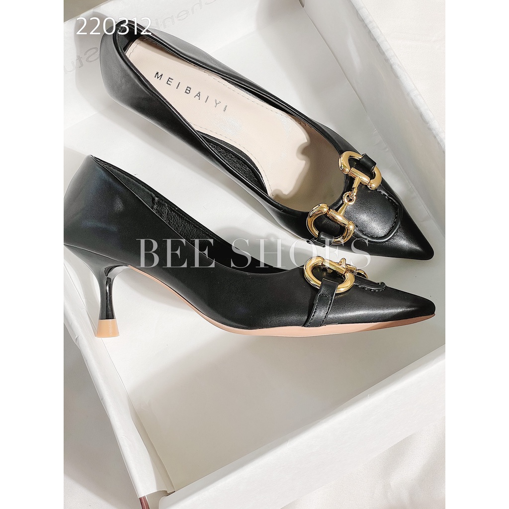 BEESHOES - GIÀY CAO GÓT NỮ MŨI NHỌN  - GIÀY CAO GÓT NỮ GÓT NHỌN CAO 7 PHÂN SẴN MÀU ĐEN - KEM 220312