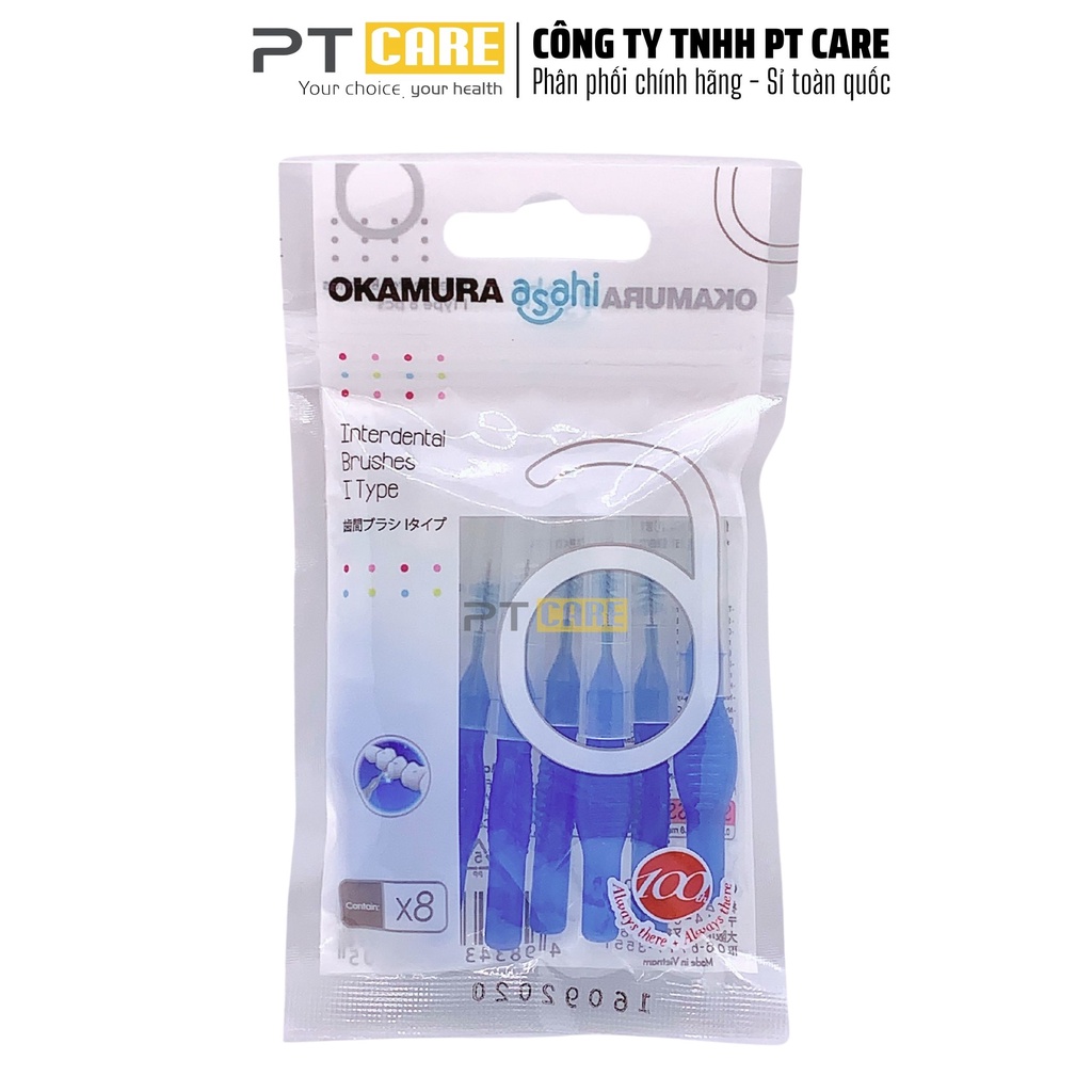 PT CARE | Bàn Chải Kẽ Răng Okamura Asahi Dạng Chữ I, Chất Lượng Nhật Bản (Bịch 8 Cái)