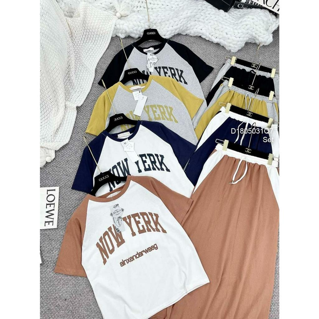 Set bộ áo croptop in chữ phối chân váy dáng dài viền