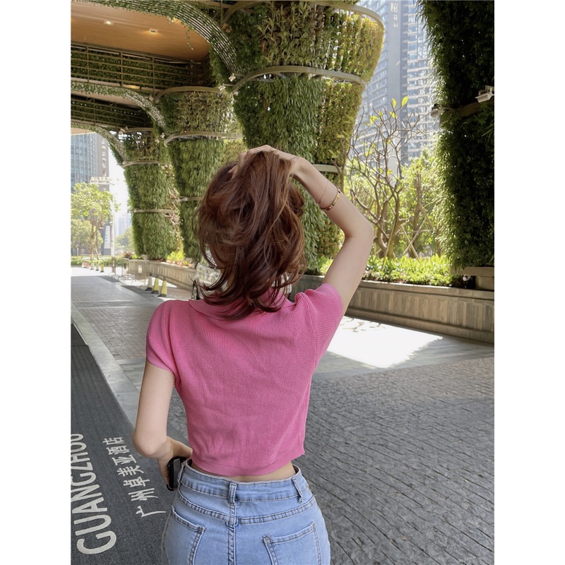HUANG YOYO Áo Thun Dệt Kim Tay Ngắn Cổ POLO Màu Trơn Ôm Dáng Quyến Rũ Thời Trang Hàn Quốc Cho Nữ