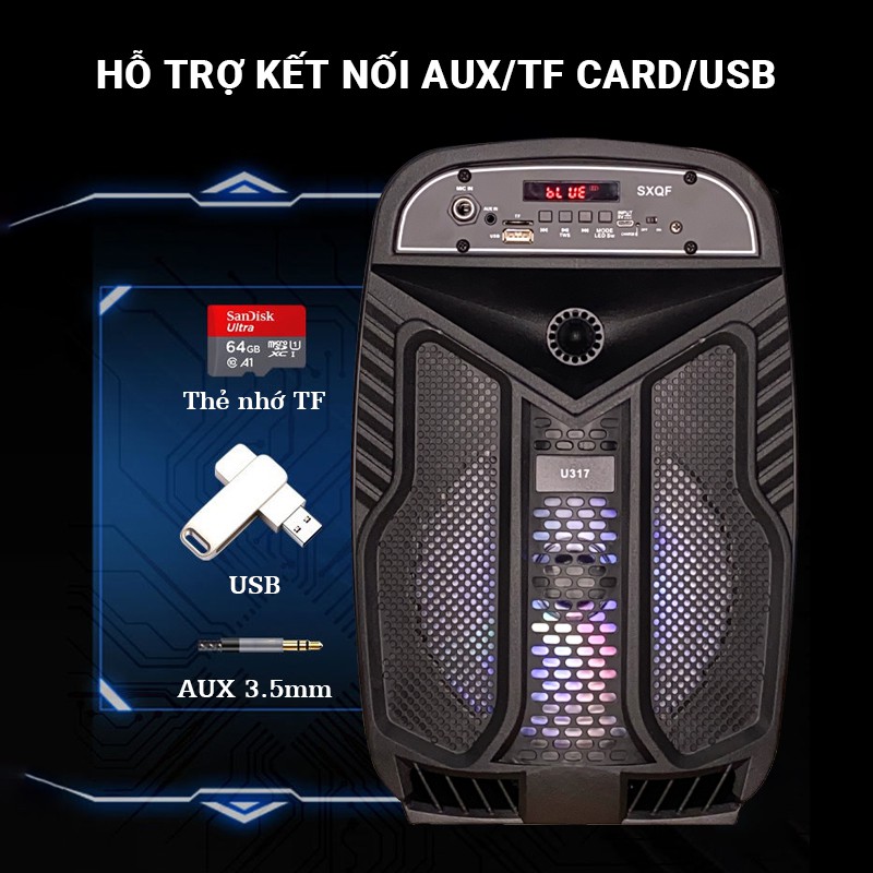 Loa bluetooth Cát Thái U317 âm thanh HIFI, tặng kèm micro karaoke, công nghệ TWS kết nối 2 loa cùng lúc, đèn LED 7 màu