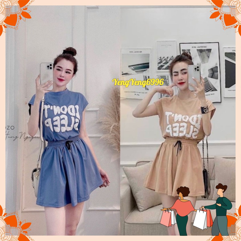 SNU332 BỘ ĐÙI NỮ COTTON ÁO I DONT SLEEP XANH NÂU | BigBuy360 - bigbuy360.vn