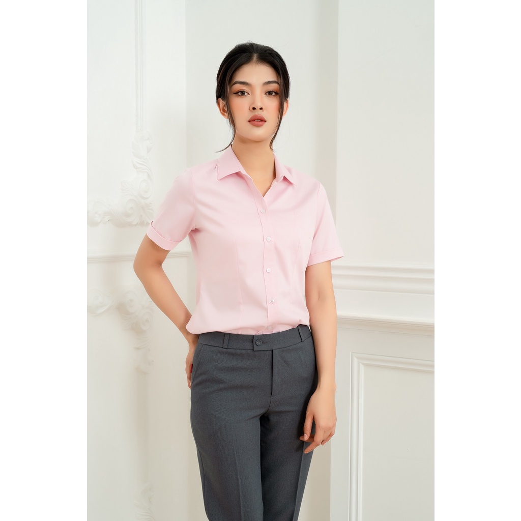 Áo sơ mi nữ cao cấp tay ngắn kiểu công sở màu hồng bigsize sợi tre Thái Hoà N8919-02-01