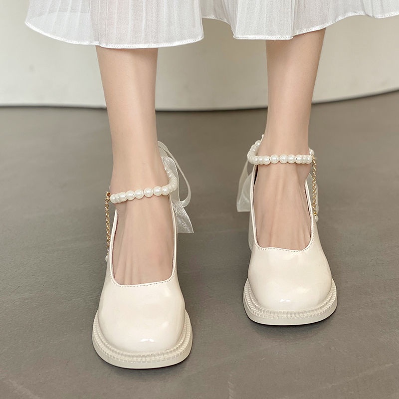 Giày Cao Gót Da Đính Ngọc Trai Phong Cách Pháp 2022 Thời Trang Cho Nữ