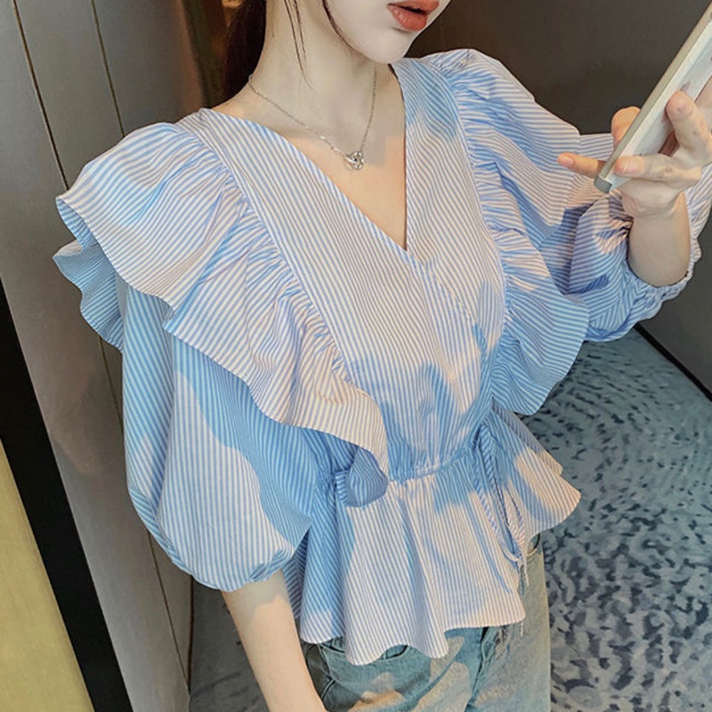 Áo Sơ Mi Ngắn Tay Xù Lông 156478 Áo Sơ Mi Dáng Rộng Cổ Chữ v Kẻ Sọc Xanh Lam Thắt Nơ Eo Trẻ Trung