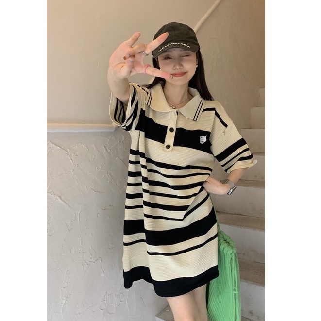 Áo polo Họa Tiết Sọc Phong Cách Hàn Quốc Thời Trang Cho Nữ