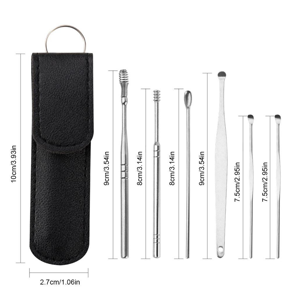 Set 6 Dụng Cụ Lấy Ráy Tai Bằng Thép Không Gỉ Với Túi Da Tiện Dụng