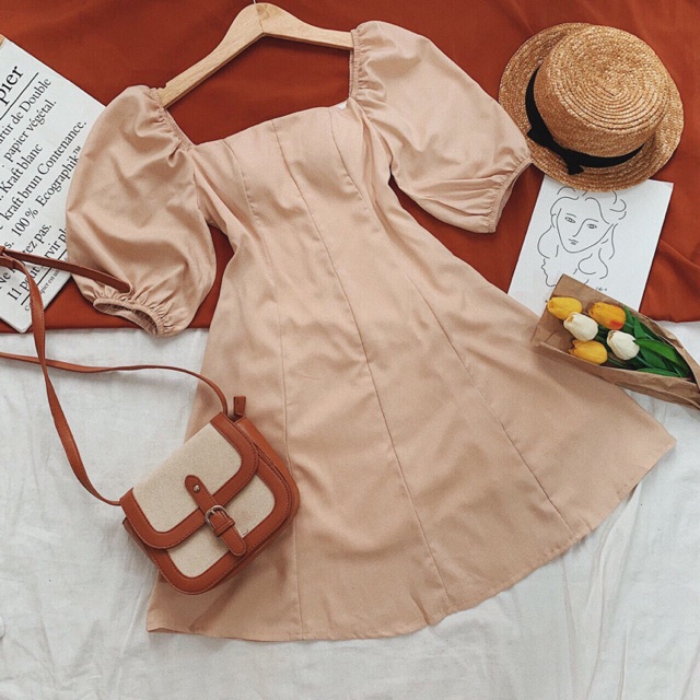 (Hàng có sẵn) ẢNH THẬT ĐẦM NUDE CỔ VUÔNG TAY PHỒNG