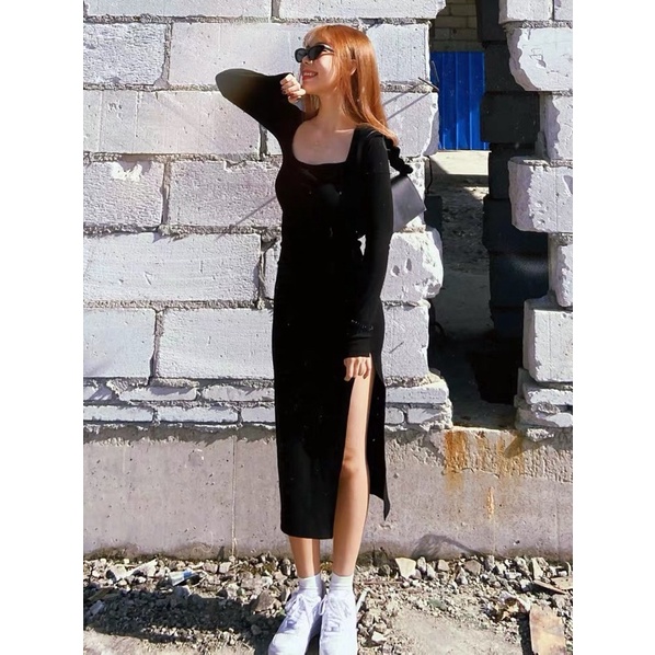 Đầm Dài Thun Ôm Body Tay Dài Xẻ Đùi
