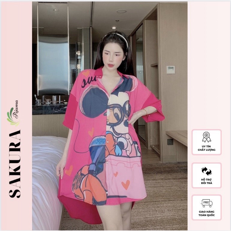 Váy sơ mi dáng dài xuông bigsize thiết kế lụa ngủ cao cấp chất lụa mango SAKURA BK
