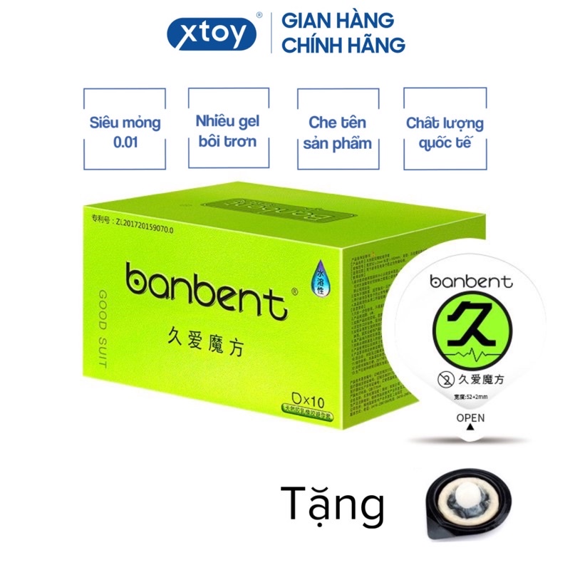 Bao cao su BANBENT Xanh 0.01 Long love cube kéo dài thời gian, gân gai, nhiều gel, mỏng - Hộp 10 bcs tặng kèm 1 bi