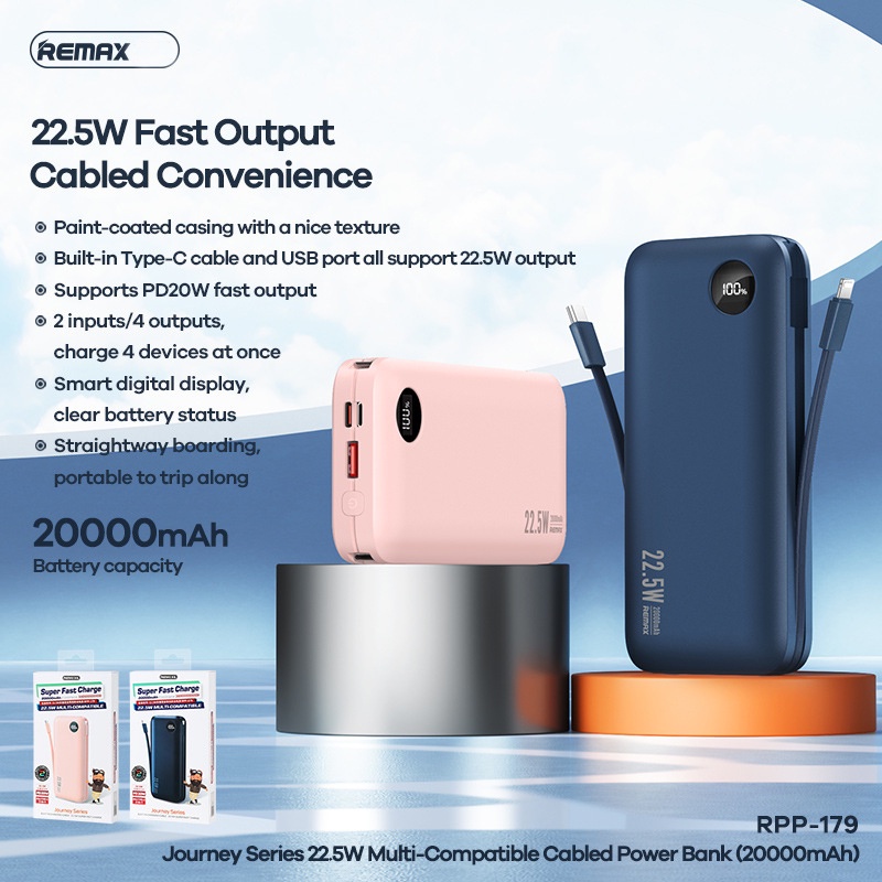 Pin dự phòng sạc nhanh Remax RPP-179 Journey Series 20000mAh tích hợp 2 cáp sạc - hỗ trợ PD và QC 22.5W (2 màu tuỳ chọn)