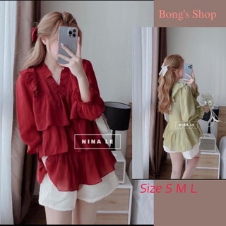 Set bộ nữ áo bèo tầng trễ vai mix quần tacta, Set đồ nữ sang chảnh dễ thương bánh bèo xinh xắn