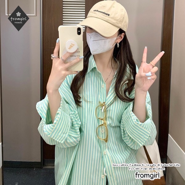 Áo Sơ Mi Cổ POLO Dáng Rộng Họa Tiết Kẻ Sọc Thiết Kế Mới Thời Trang Xuân Hè Cho Nữ