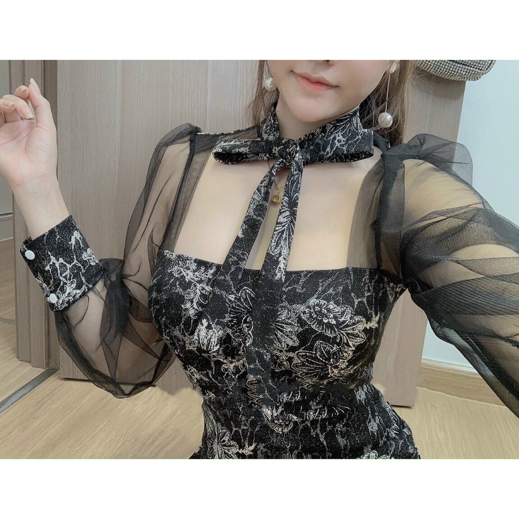 Đầm Họa Tiết Body Phối Tay Lưới Có Nơ Cổ, Có Mút Ngực,Chất Liệu Umi In KTS