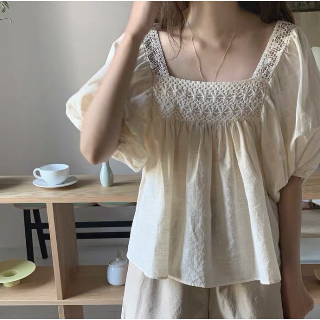 SET BỘ ĐŨI CỔ VUÔNG REN MIX QUẦN ĐÙI KEM NÂU QUẢNG CHÂU XINH XẮN