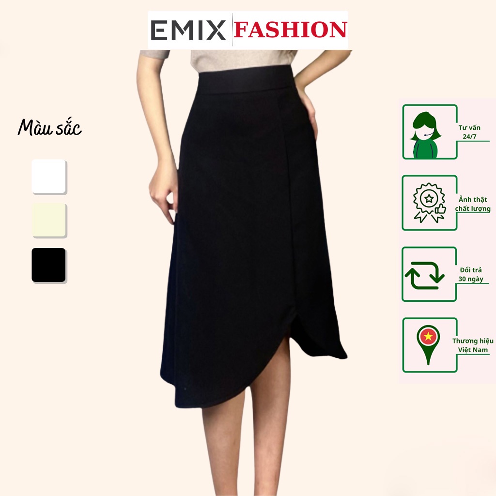 Chân váy công sở v gấu EMIX (màu đen), dáng dài, cạp cao, khóa sau, chất tuyết mưa mềm mịn, co giãn nhẹ CV712