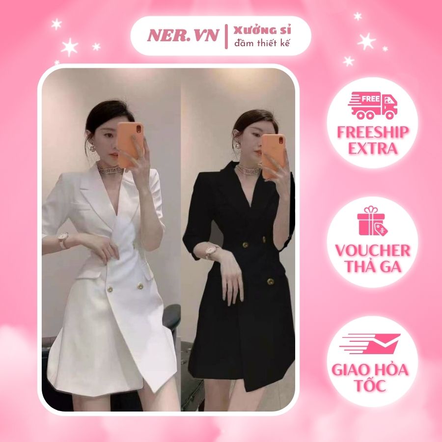 Đầm vest công sở tay lửng KÈM lót trong có dây cột cố định tà hai màu đen trắng mẫu mới thu đông 2021 -NER -N118