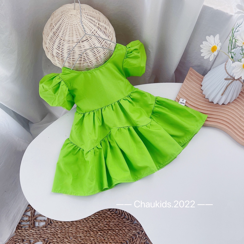 Váy xòe tầng bé gái, cặp váy thô tay bồng giả 3 tầng màu vàng cam- xanh cốm siêu hot cho bé