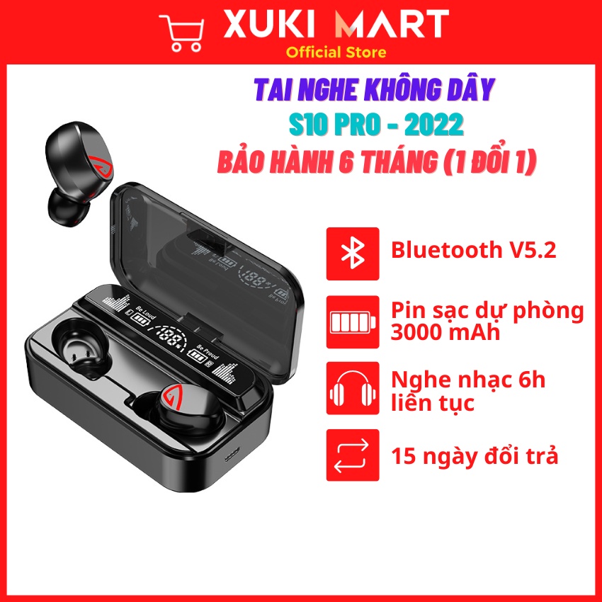 Tai nghe Bluetooth không dây S10 PRO, cảm ứng, chống nước,chống ồn, đàm thoại, kiêm sạc dự phòng - XUKI MART
