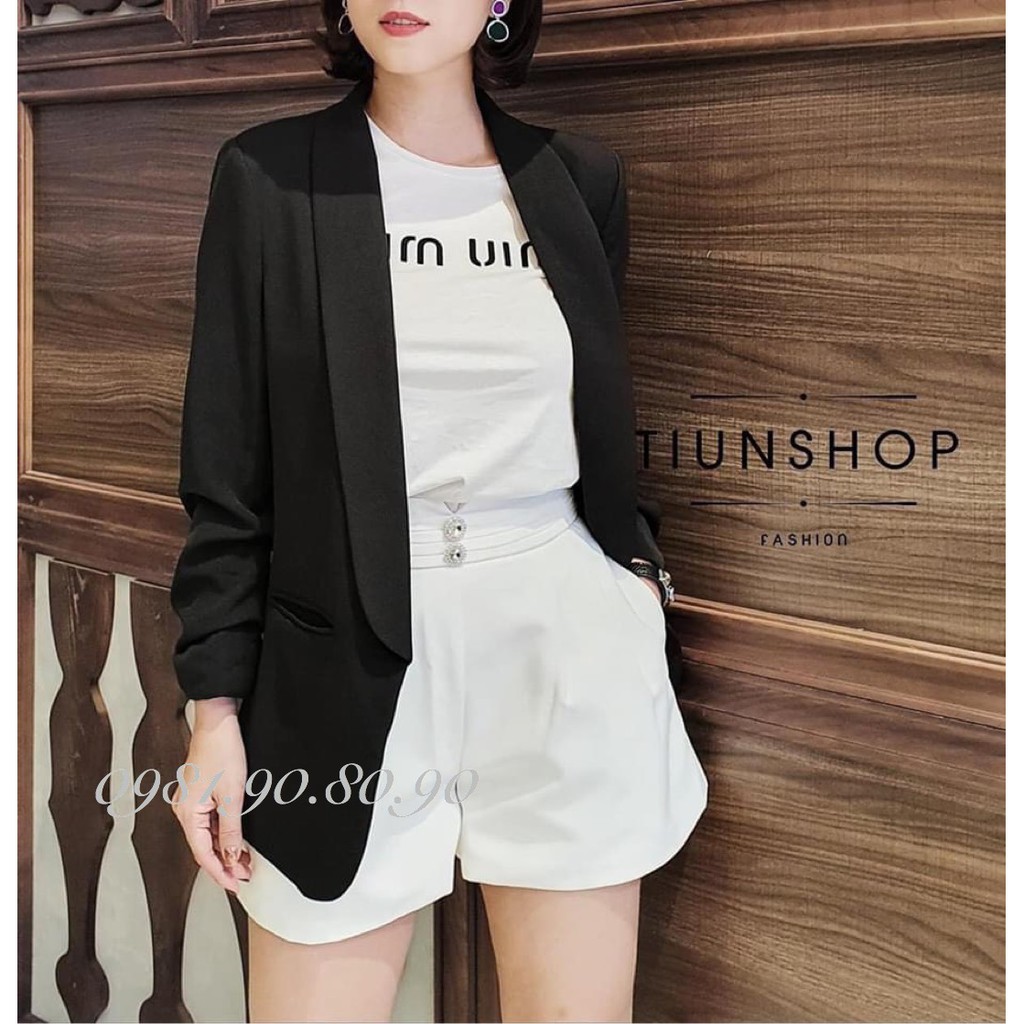 áo blazer nữ trơn dáng dài cổ sam không khuy chất vải xuất dư